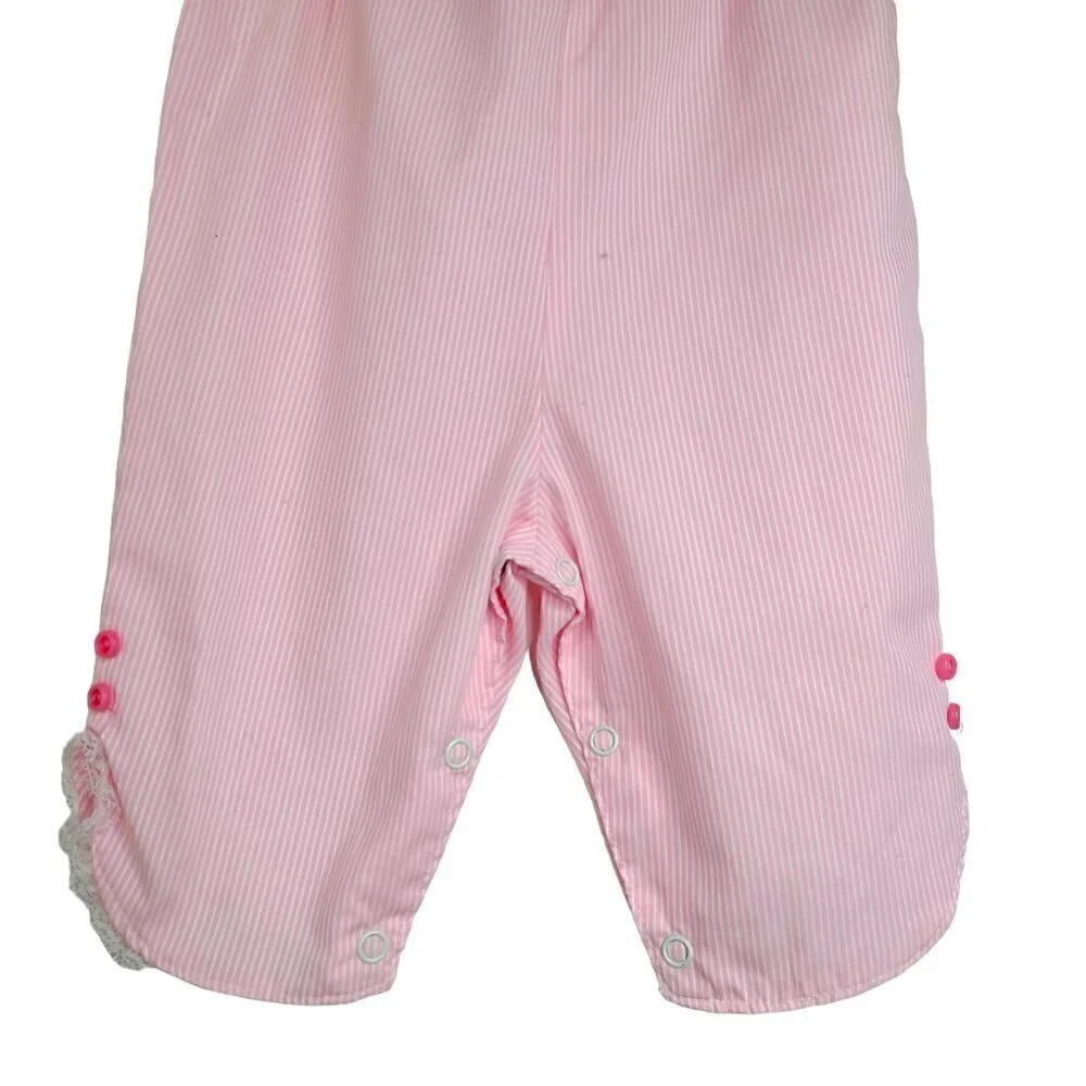 Vintage Pink White Micro Stripe Embroidered Peter Pan Collar Baby Girl Jumpsuit